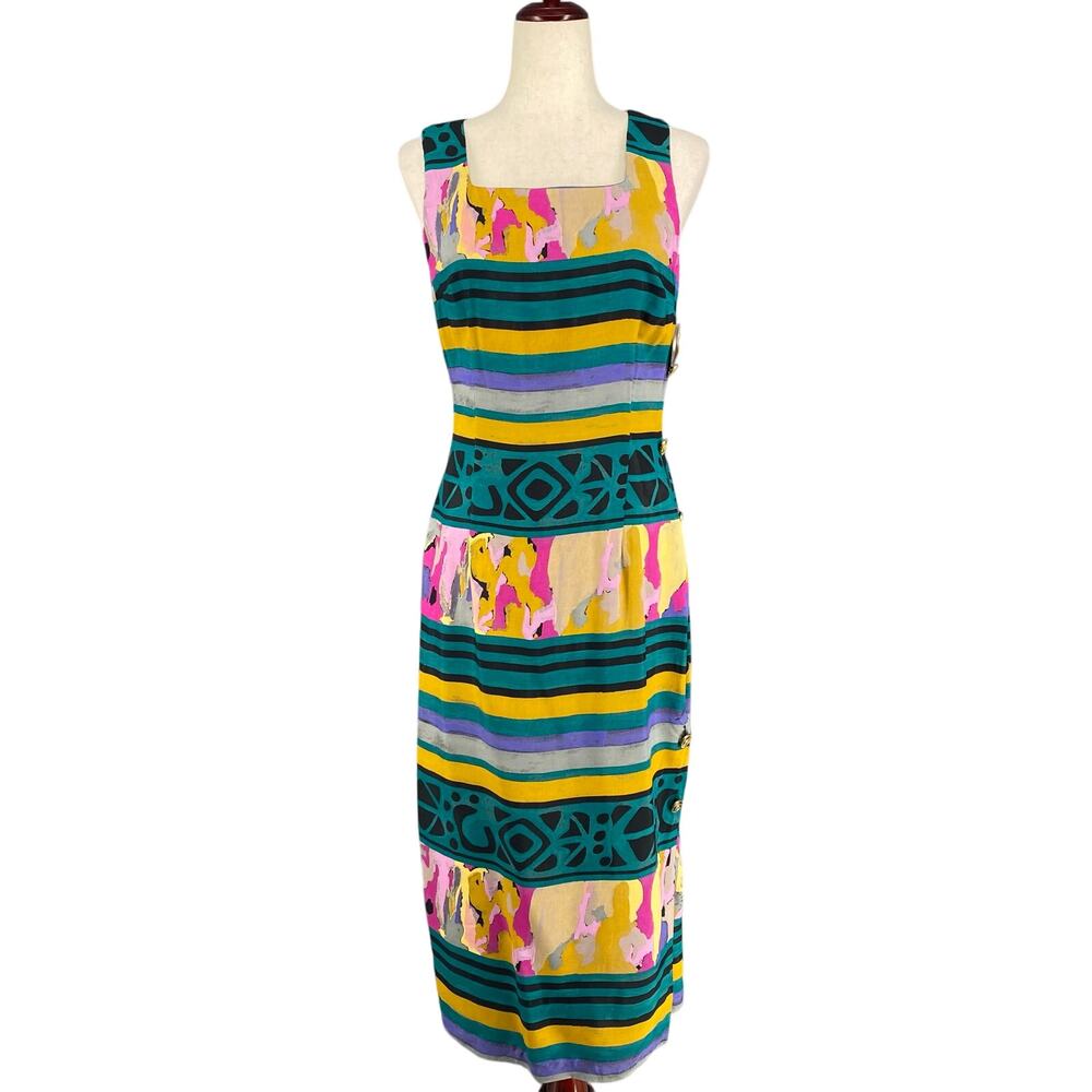 Vtg 80s 90s NOS Artsy  Square Neck Sleeveless Pencil Dress‎ S Retro Resort Wear